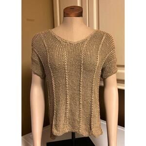 Vivienne Tam Tape Yarn Taupe V Neck Top Medium, Gold Metallic, Beige MSRP $78